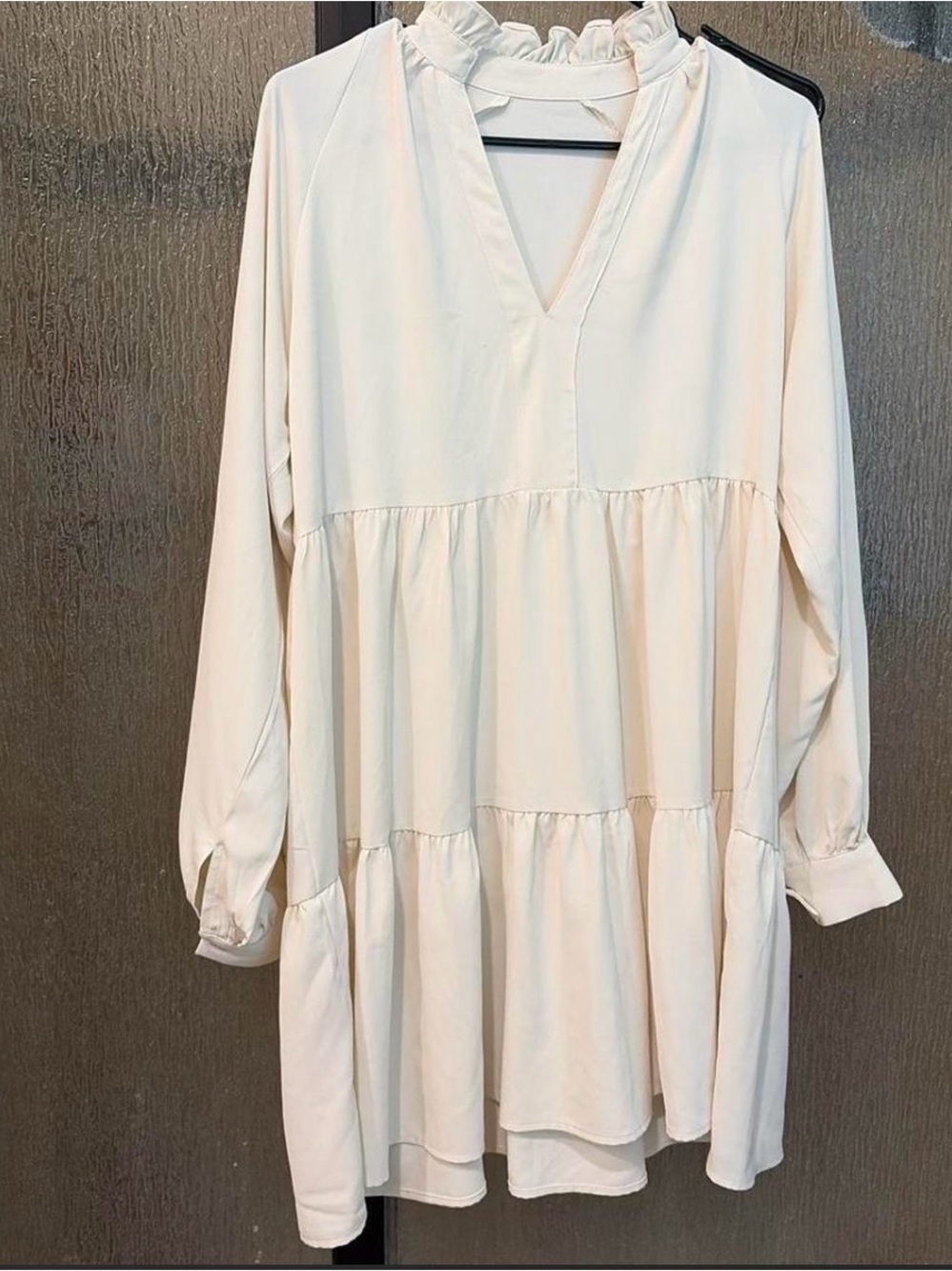 Women's Cream Tiered V-Neck Long Sleeve Dress